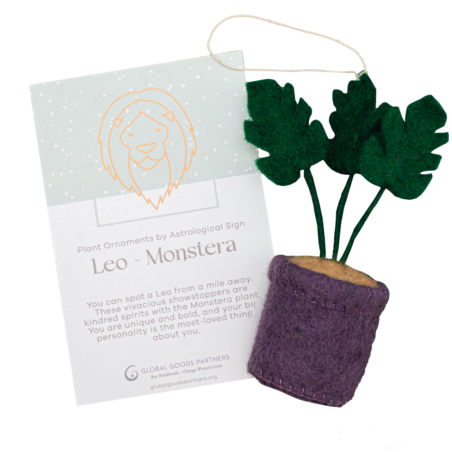 Felt ornament of a Monstera plant in a purple pot with a Leo astrology card.