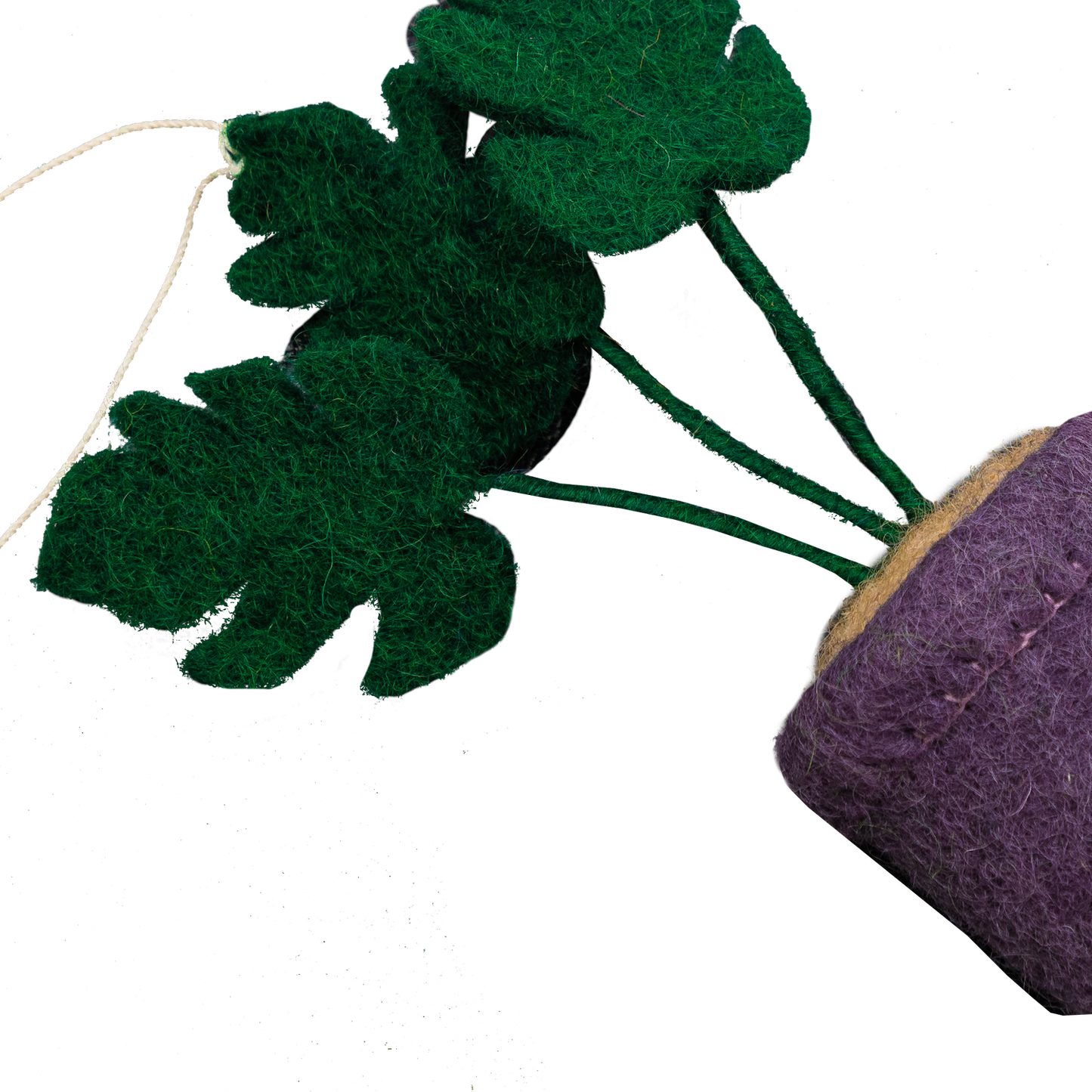 Felt ornament of a Monstera plant in a purple pot.