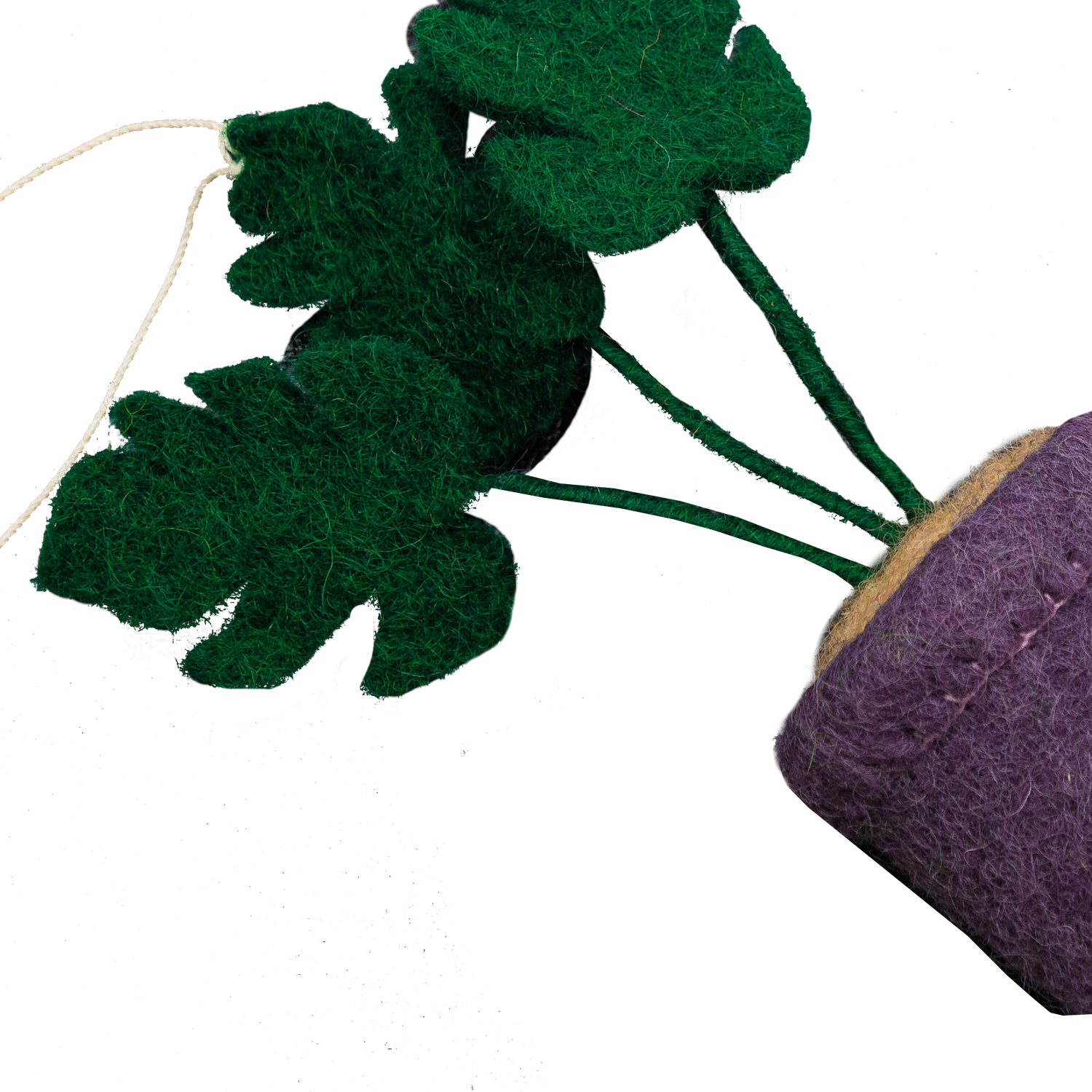 Felt ornament of a Monstera plant in a purple pot.