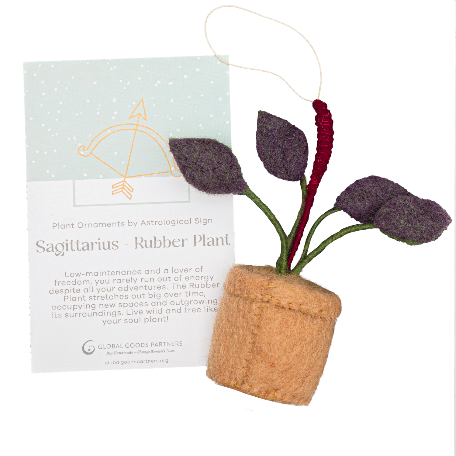 Felt ornament of a Rubber plant with purple leaves and a brown pot and card for Sagittarius.