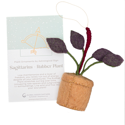 Felt ornament of a Rubber plant with purple leaves and a brown pot and card for Sagittarius.