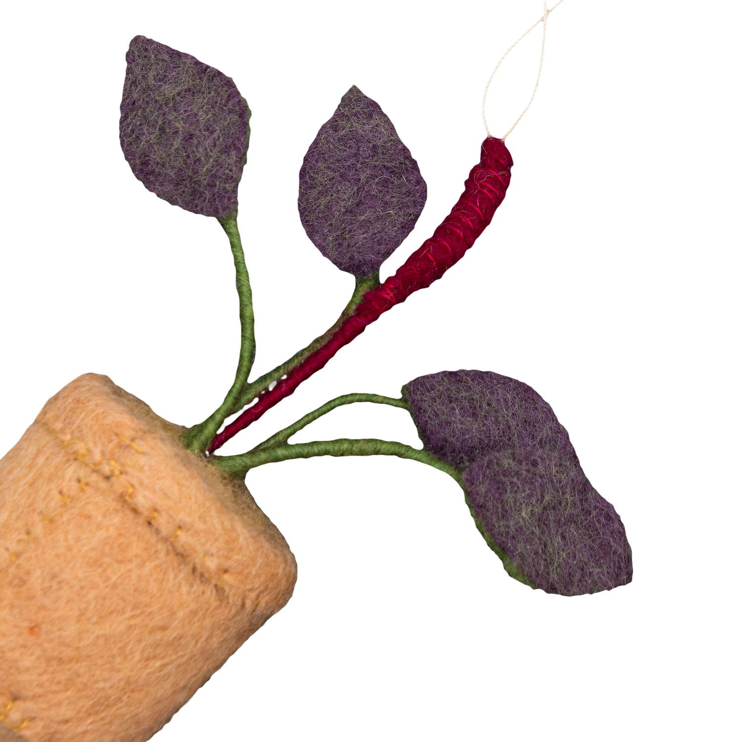 Felt ornament of a Rubber plant with purple leaves and a brown pot.