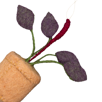 Felt ornament of a Rubber plant with purple leaves and a brown pot.