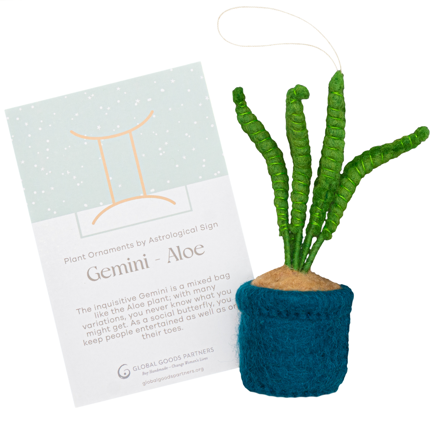 Felt ornament of an Aloe plant in a blue pot with a Gemini astrology card.