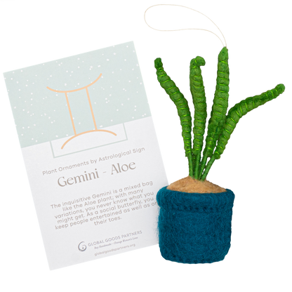 Felt ornament of an Aloe plant in a blue pot with a Gemini astrology card.