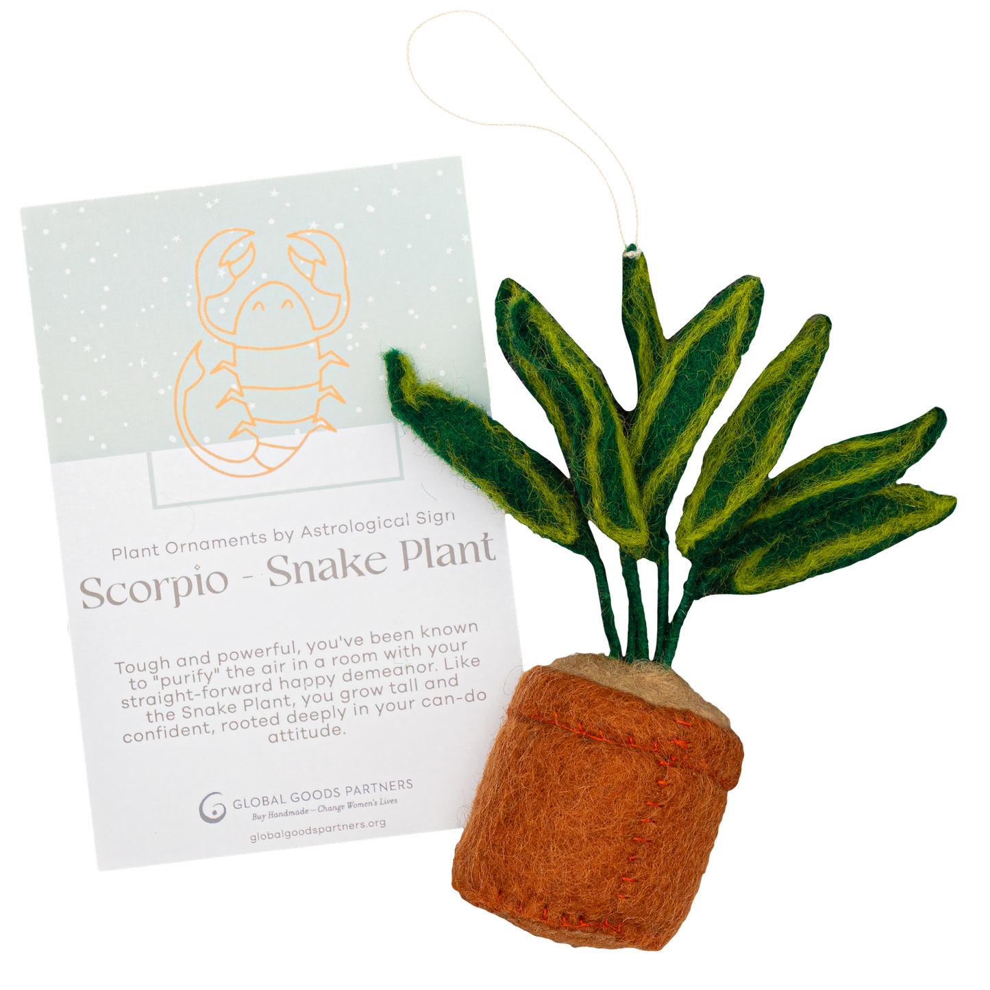 Felt ornament of a Snake Plant in a brown pot with a Scorpio astrology card.