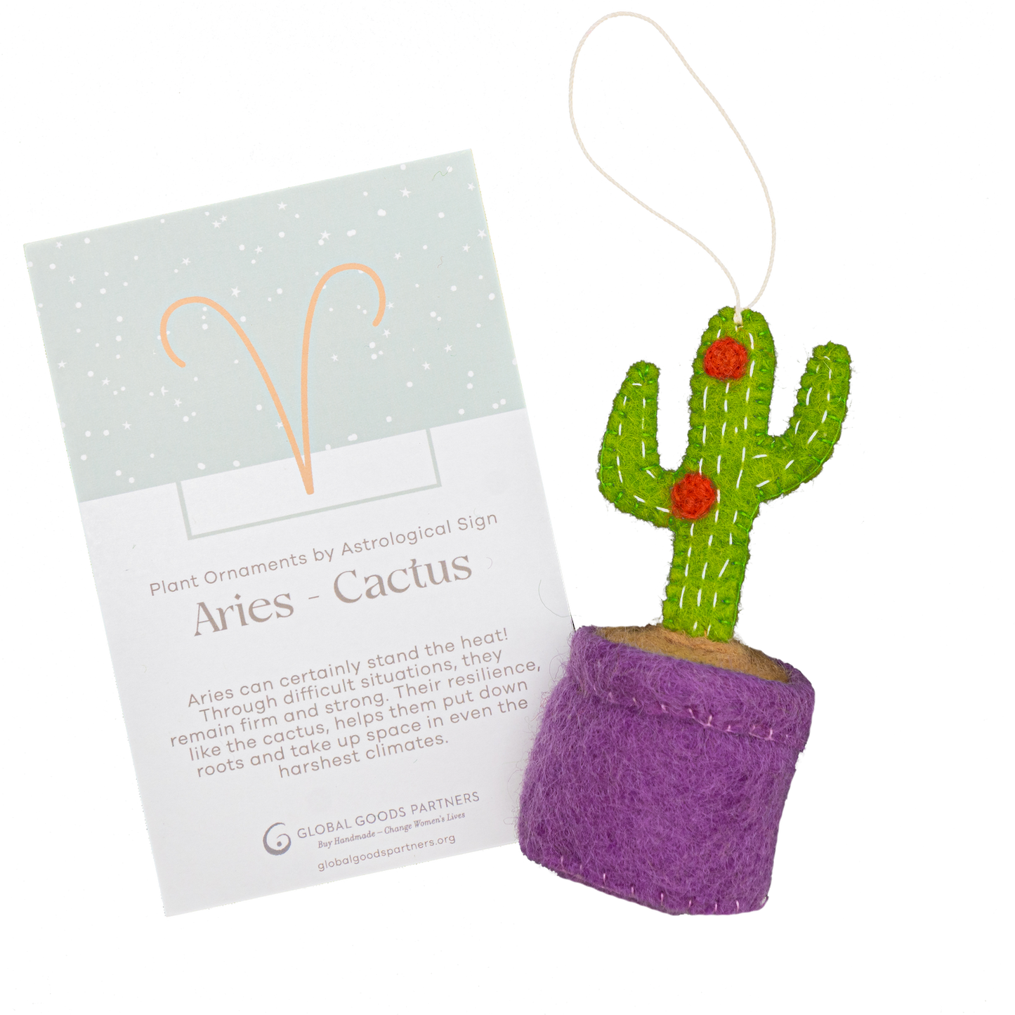 Felt ornament of a cactus plant with red flowers in a purple pot with an Aries astrology card.