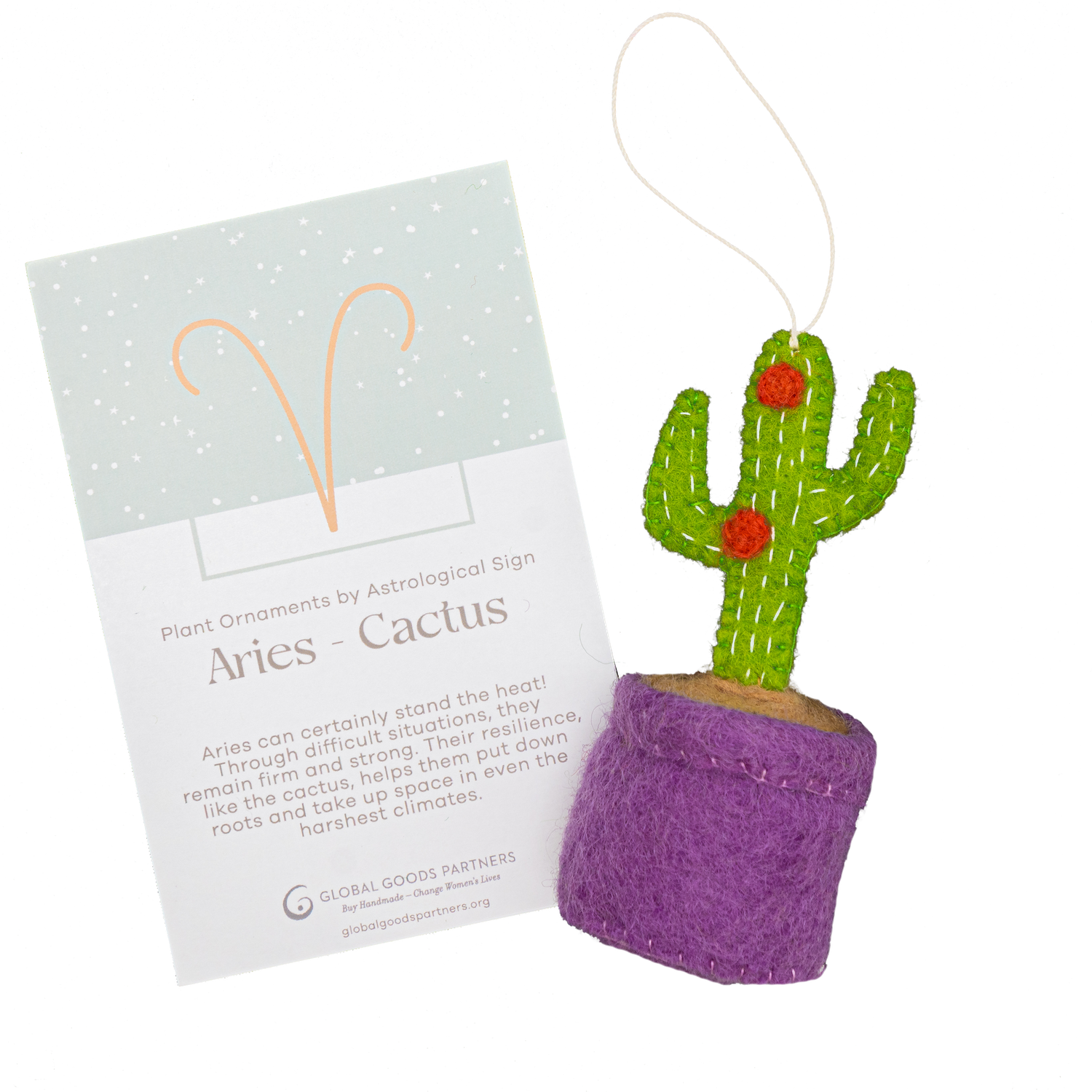 Felt ornament of a cactus plant with red flowers in a purple pot with an Aries astrology card.