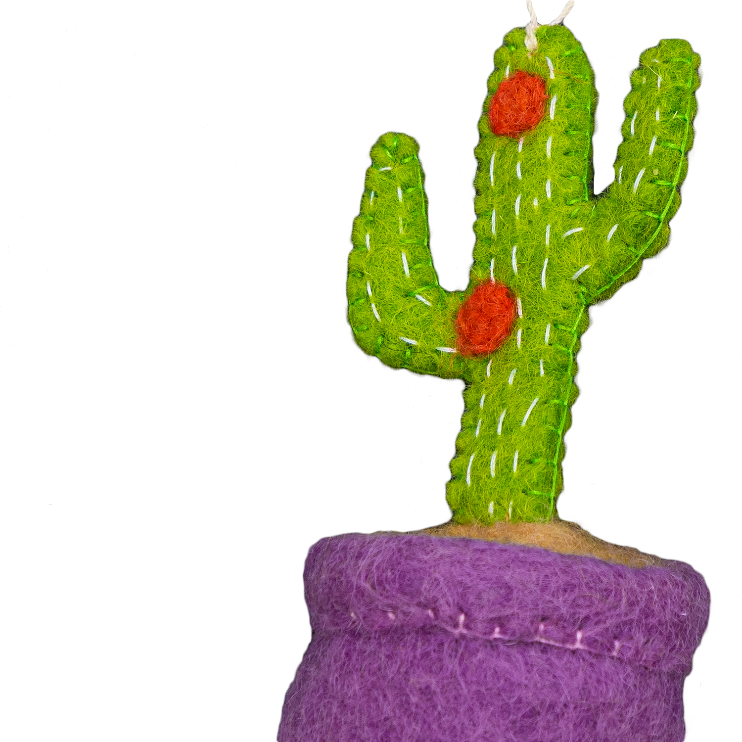 Felt ornament of a cactus plant with red flowers in a purple pot.