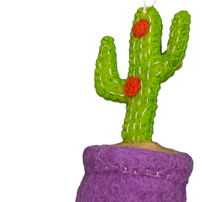 Felt ornament of a cactus plant with red flowers in a purple pot.