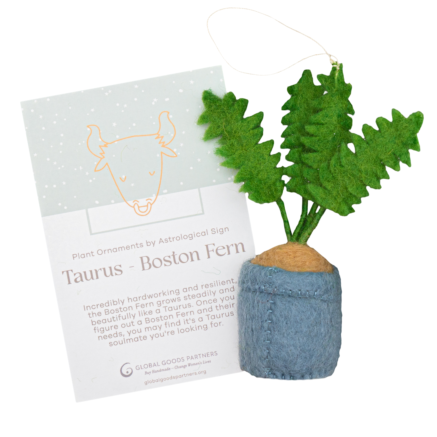 Felt ornament of a Boston Fern plant in a light blue pot with a Taurus astrology card.
