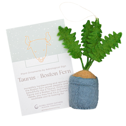 Felt ornament of a Boston Fern plant in a light blue pot with a Taurus astrology card.