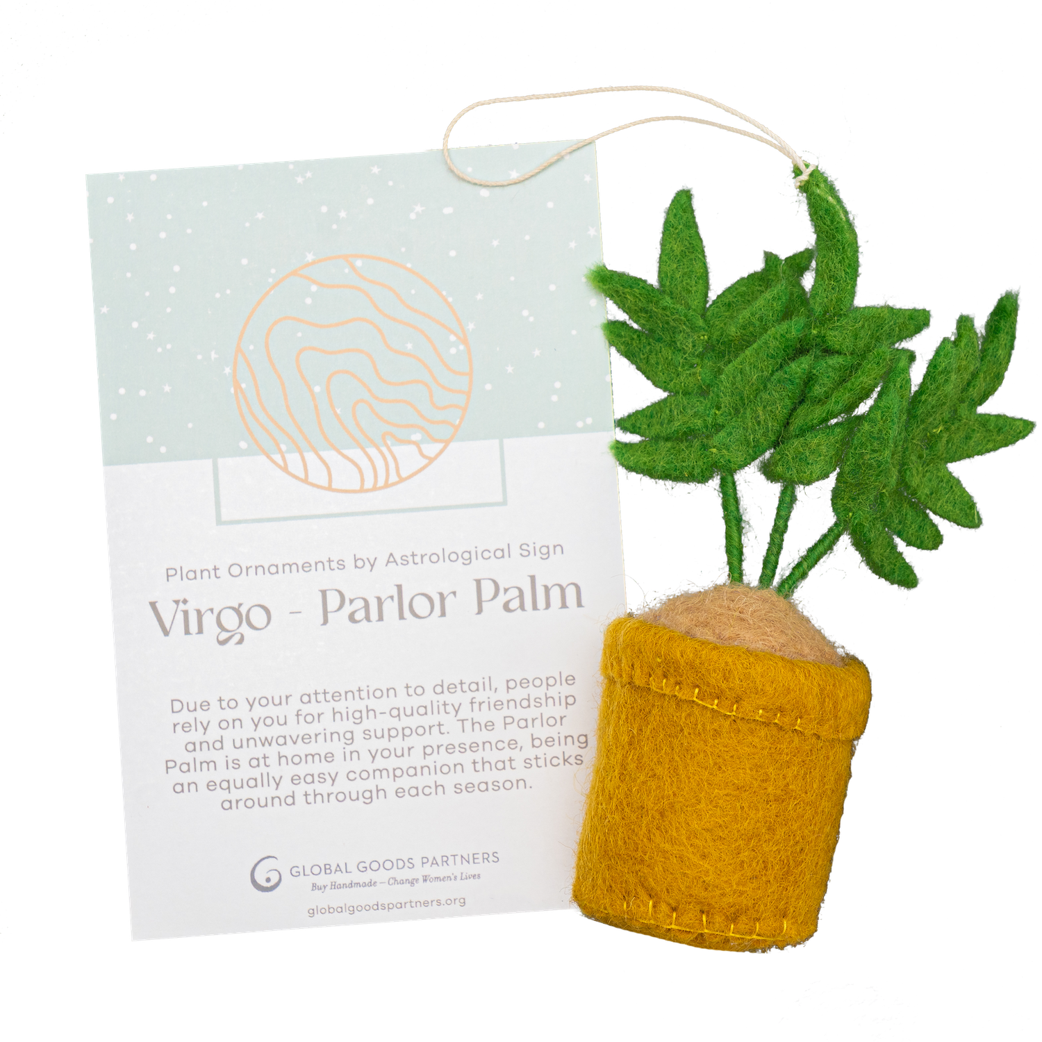 Felt ornament of a Parlor Palm plant in a yellow pot with a Virgo astrology card.