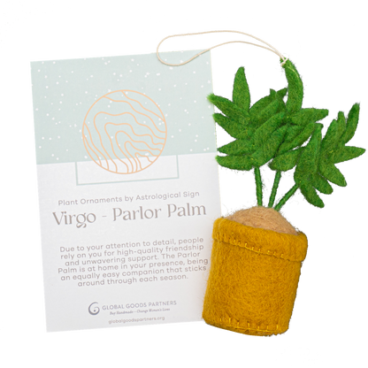 Felt ornament of a Parlor Palm plant in a yellow pot with a Virgo astrology card.