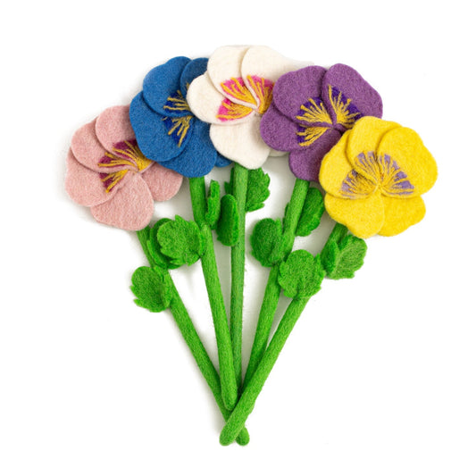 Felt Pansy flowers fanned out in pink, blue, white, purple, and yellow.