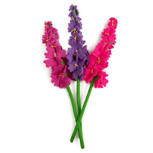 Three felt Crepe Myrtle flowers in magenta, purple, and hot pink.