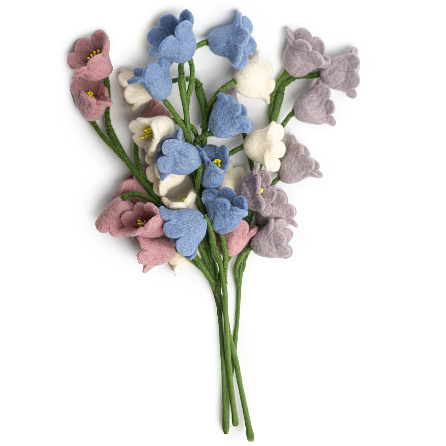 A pink, white, blue, and light purple felted lily of the valley flowers together in a bunch.