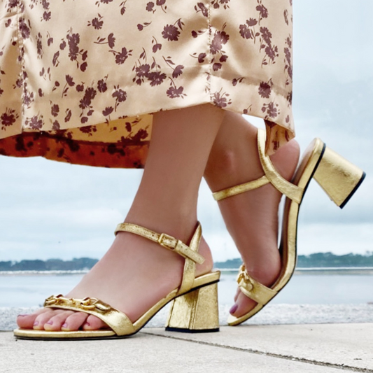 Closeup of gold sandal.