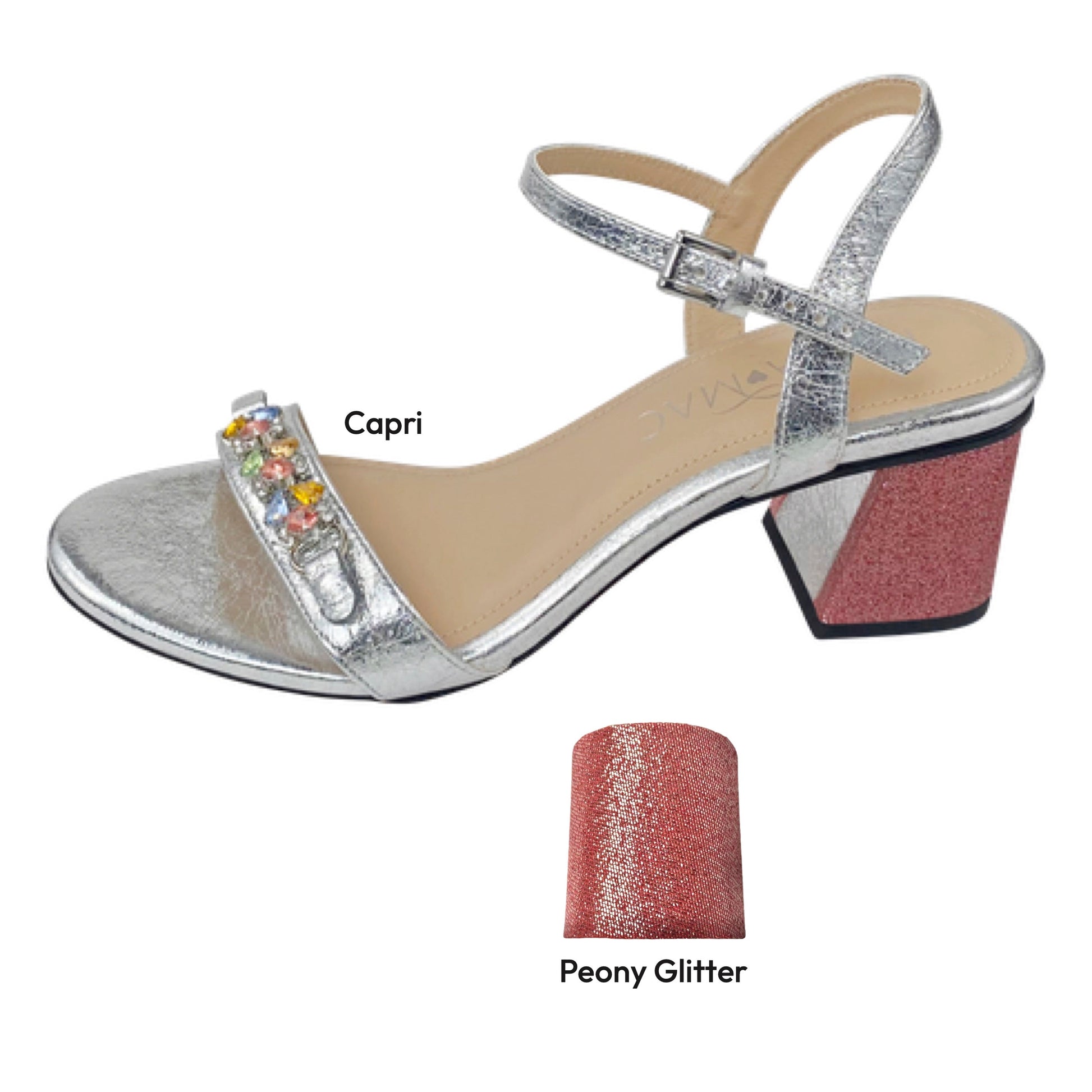 Left silver sandal with and red colored toe strap and red heel cover.