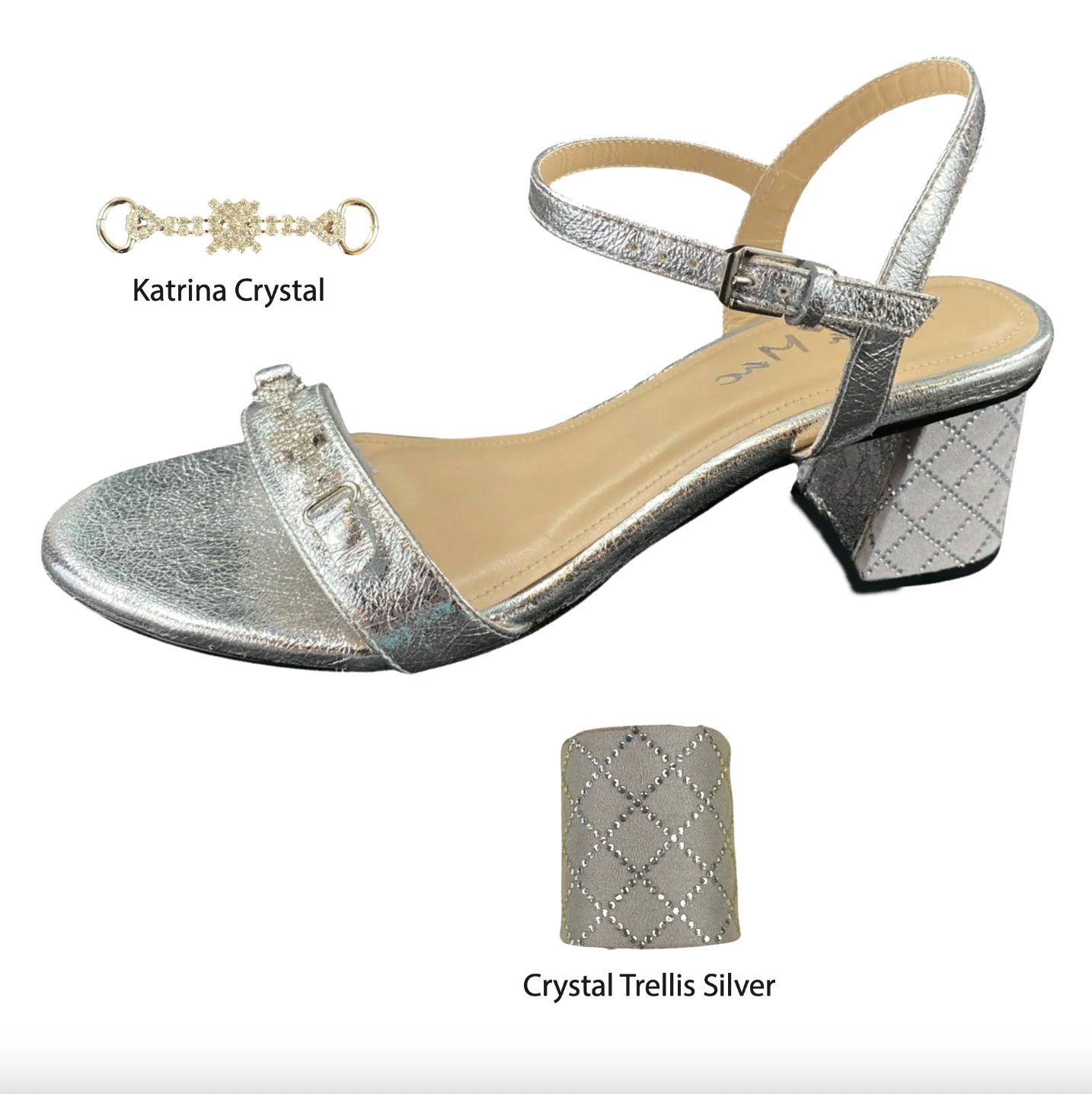 Left silver sandal with silver colored toe strap and silver diamond heel cover.