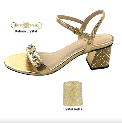Gold sandal with gold colored toe strap and gold diamond pattern heel cover.