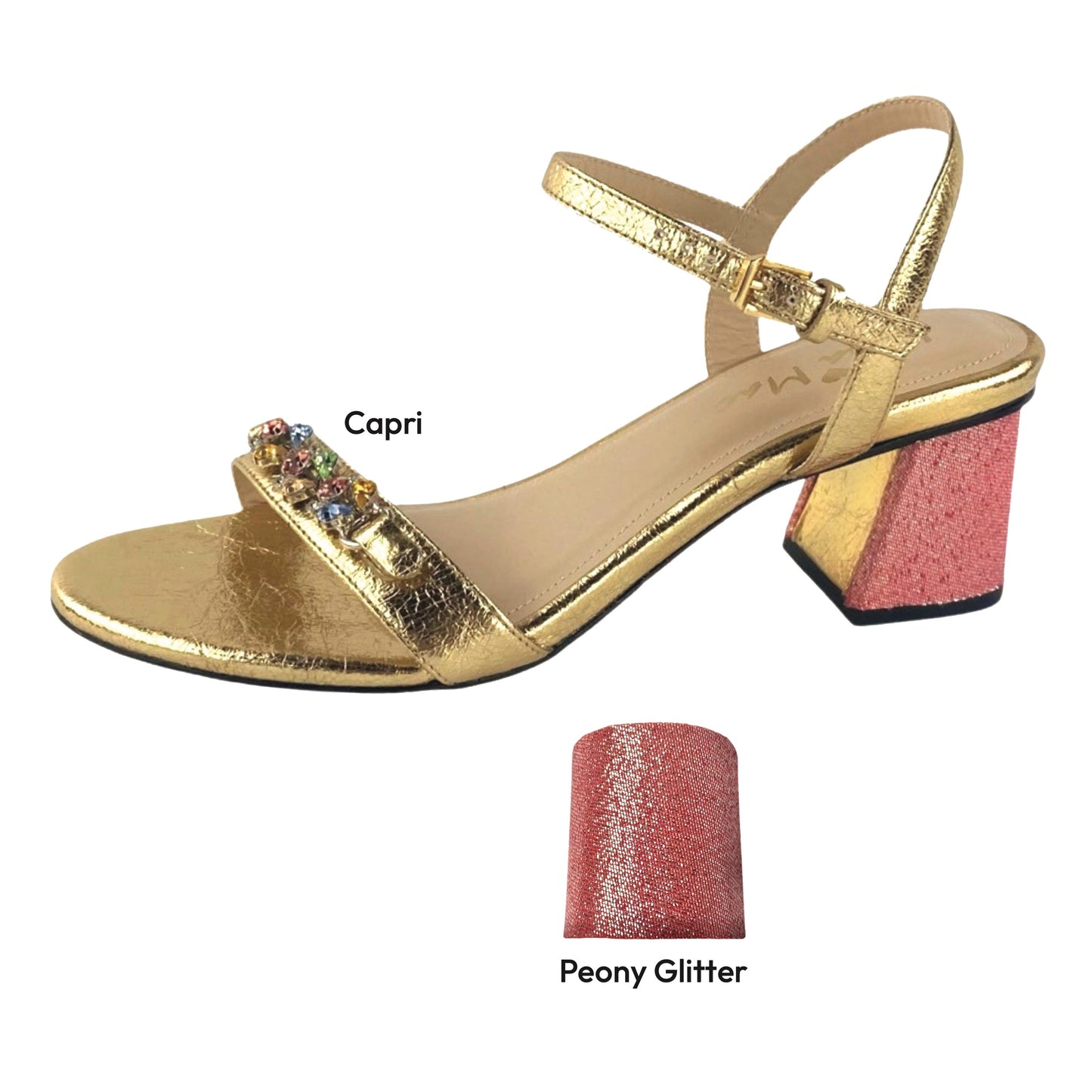 Gold sandal with red colored toe strap and red diamond pattern heel cover.