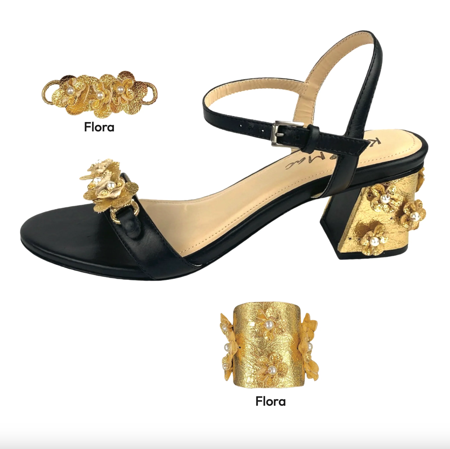 Left black sandal with gold accents across toe strap and on heel.
