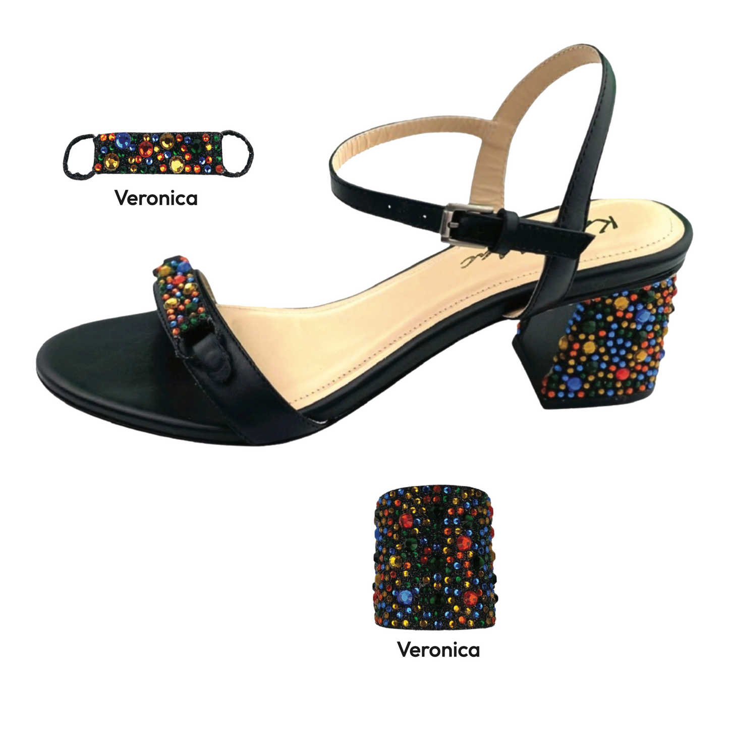 Left sandal showing black sandal with red accents across toe strap and on heel.