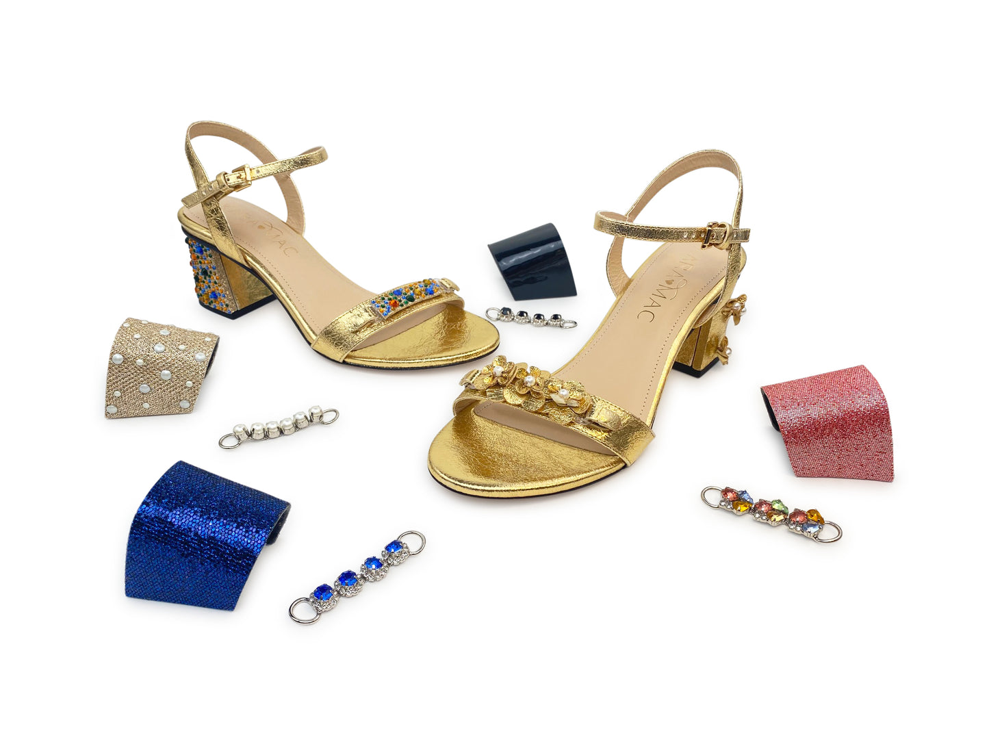 Pair of gold sandals and heel clips in pearl, blue, and red.