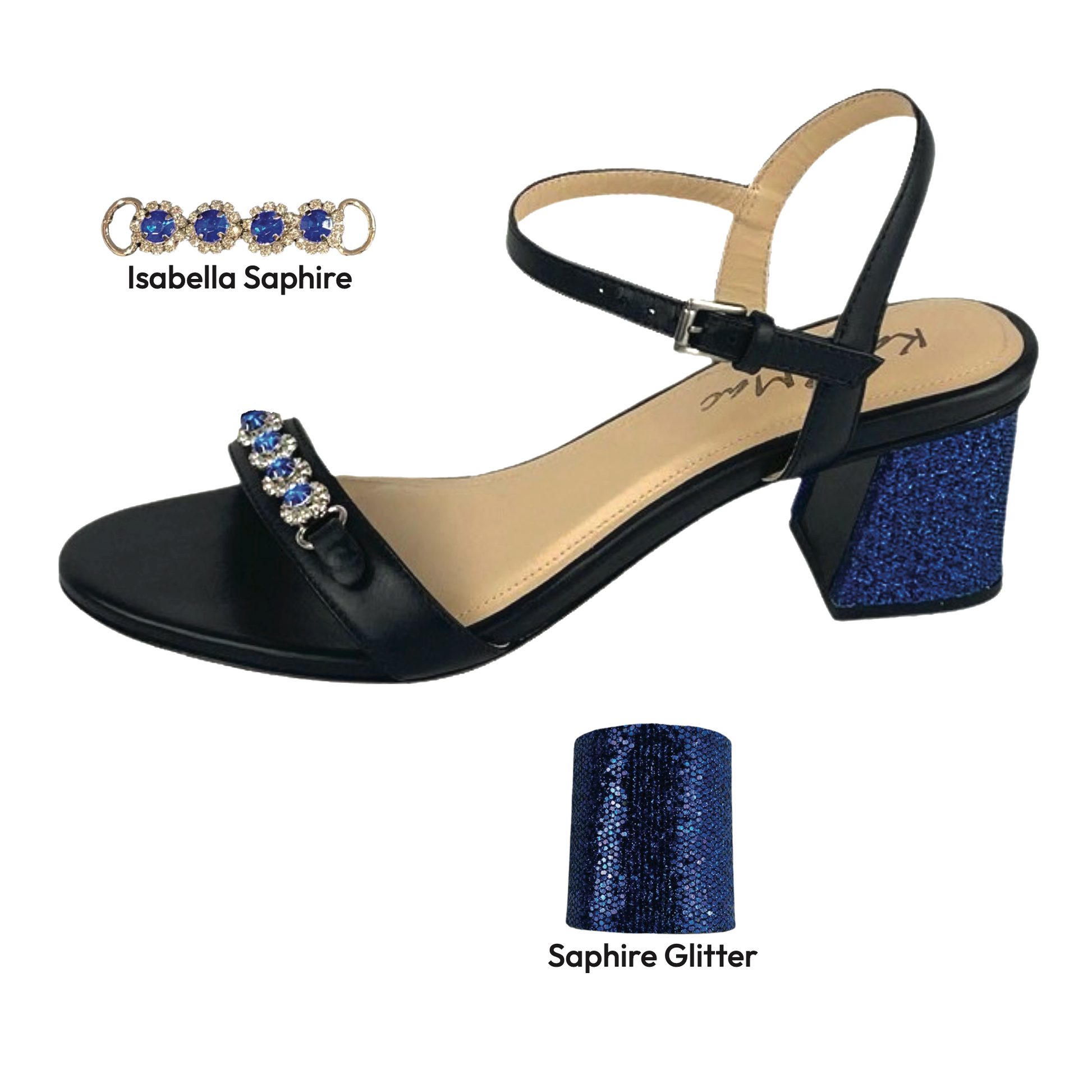 Left sandle showing black sandal with blue sapphire accents across toe strap and on heel..