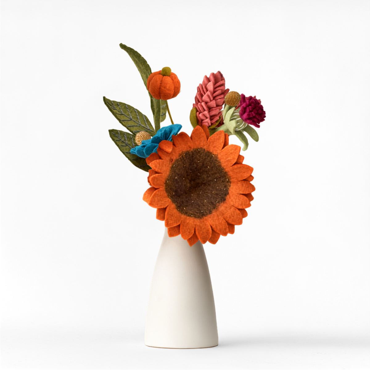 Fall/Halloween everlasting felt flower bouquet with yellow orange sunflowers, pumpkin accent stem, and various other flowers.