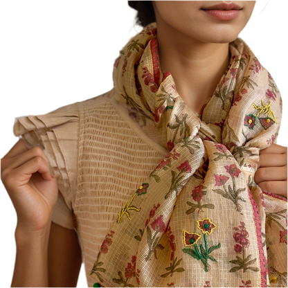 Closeup of woman wearing natural dye scarf with pink, green, and yellow flowers.