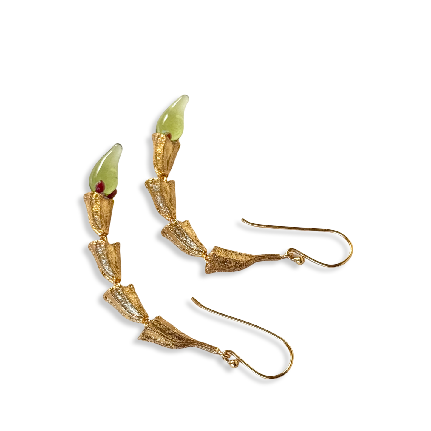 Pair of green and gold chili pod earrings with gold plated findings.
