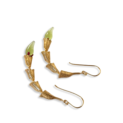 Pair of green and gold chili pod earrings with gold plated findings.