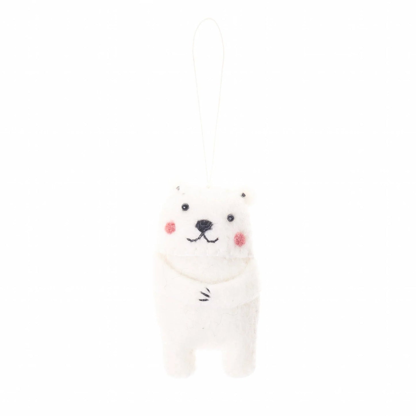 Front view of a felted wool ornament of a polar bear.