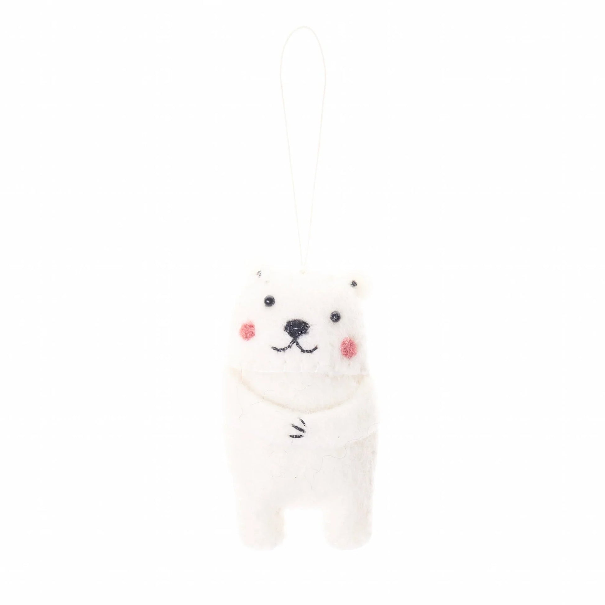 Front view of a felted wool ornament of a polar bear.