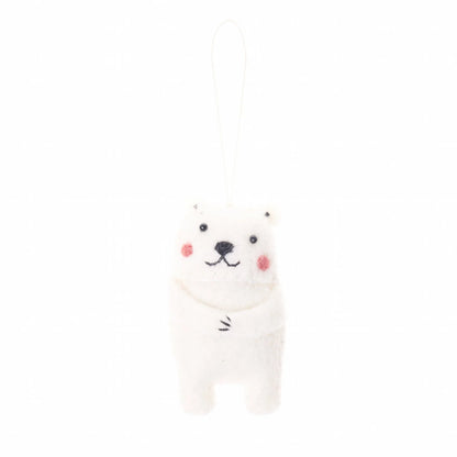 Front view of a felted wool ornament of a polar bear.