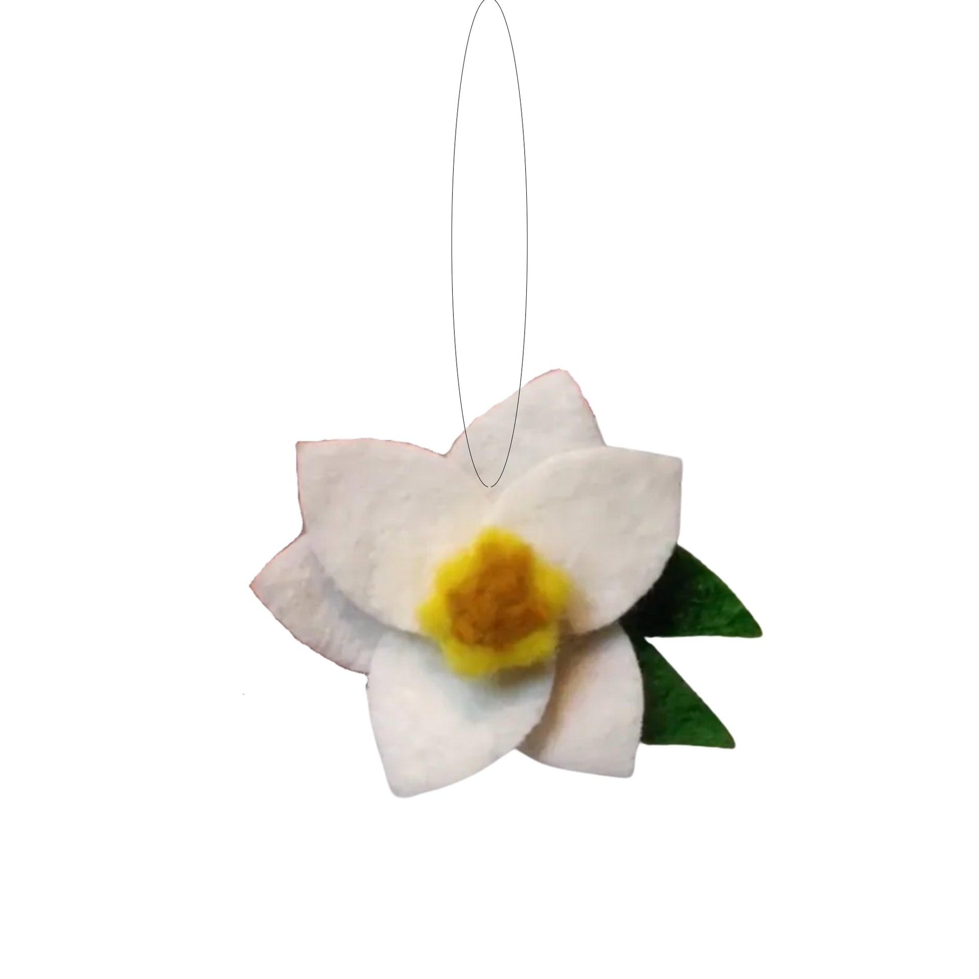 Felt ornament of a white and yellow daffodil flower with green leaves.