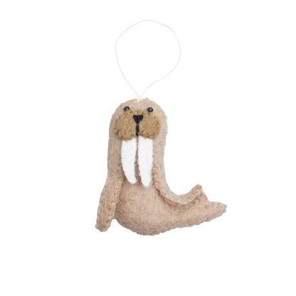 Felted wool ornament of a brown walrus.