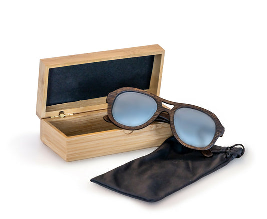 Avion style dark brown bamboo sunglasses with mirrored lenses resting on open rectangular bamboo case with black dust pouch underneath.