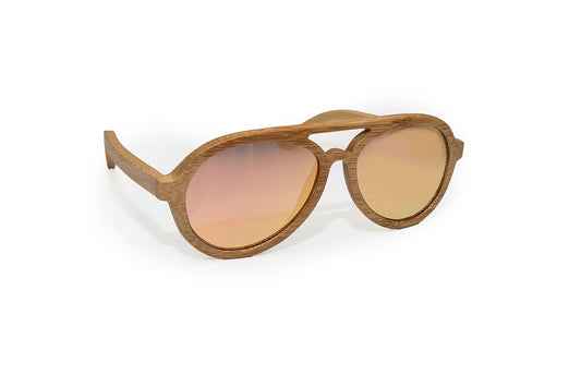 Avion style natural colored bamboo sunglasses with rose gold mirrored lenses.