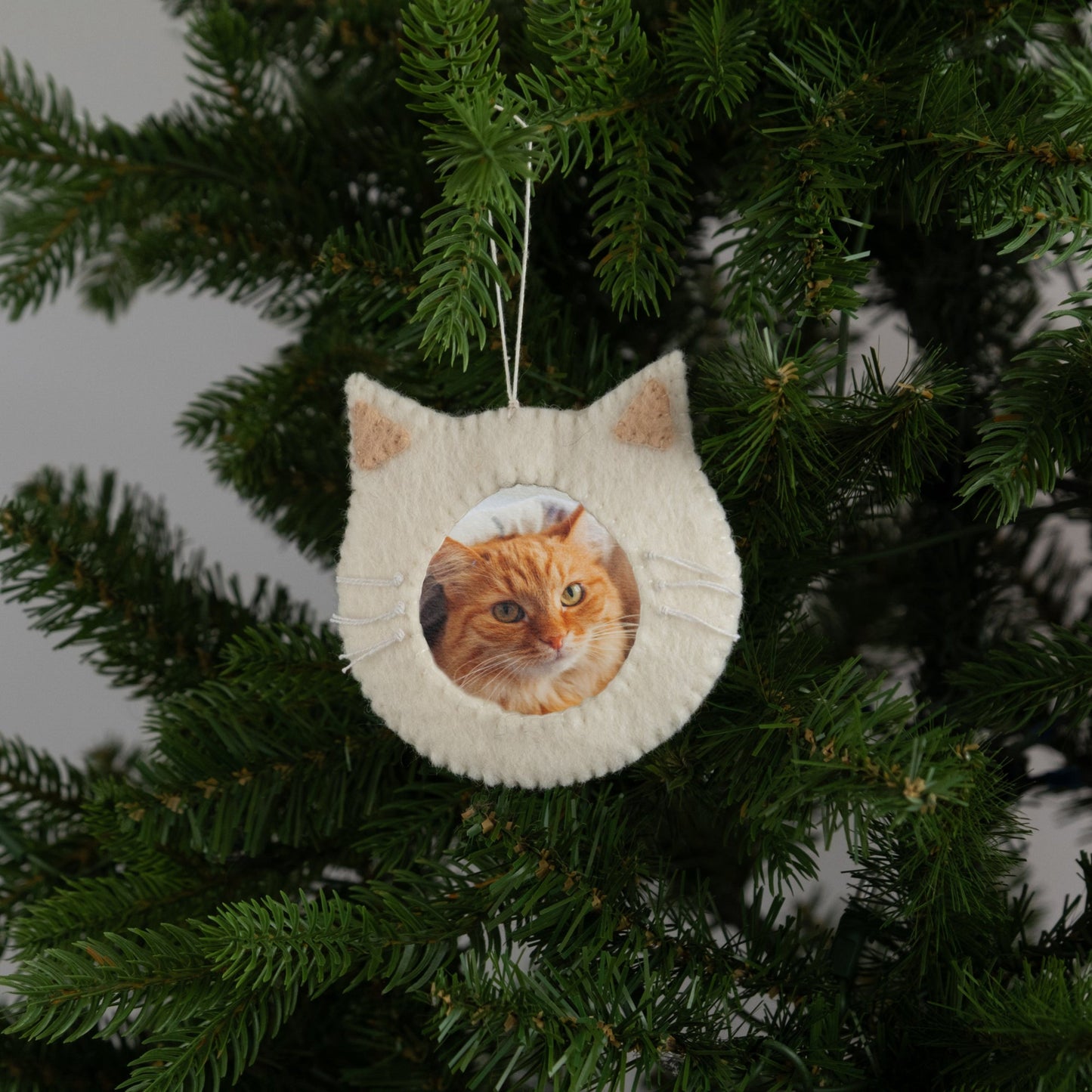 Felt ornament of a white cat face outline with a photograph of an orange cat in the middle.