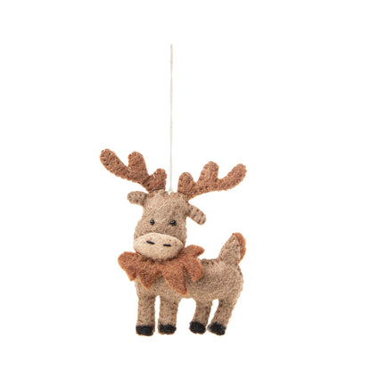 Front view of felted wool ornament of a moose.