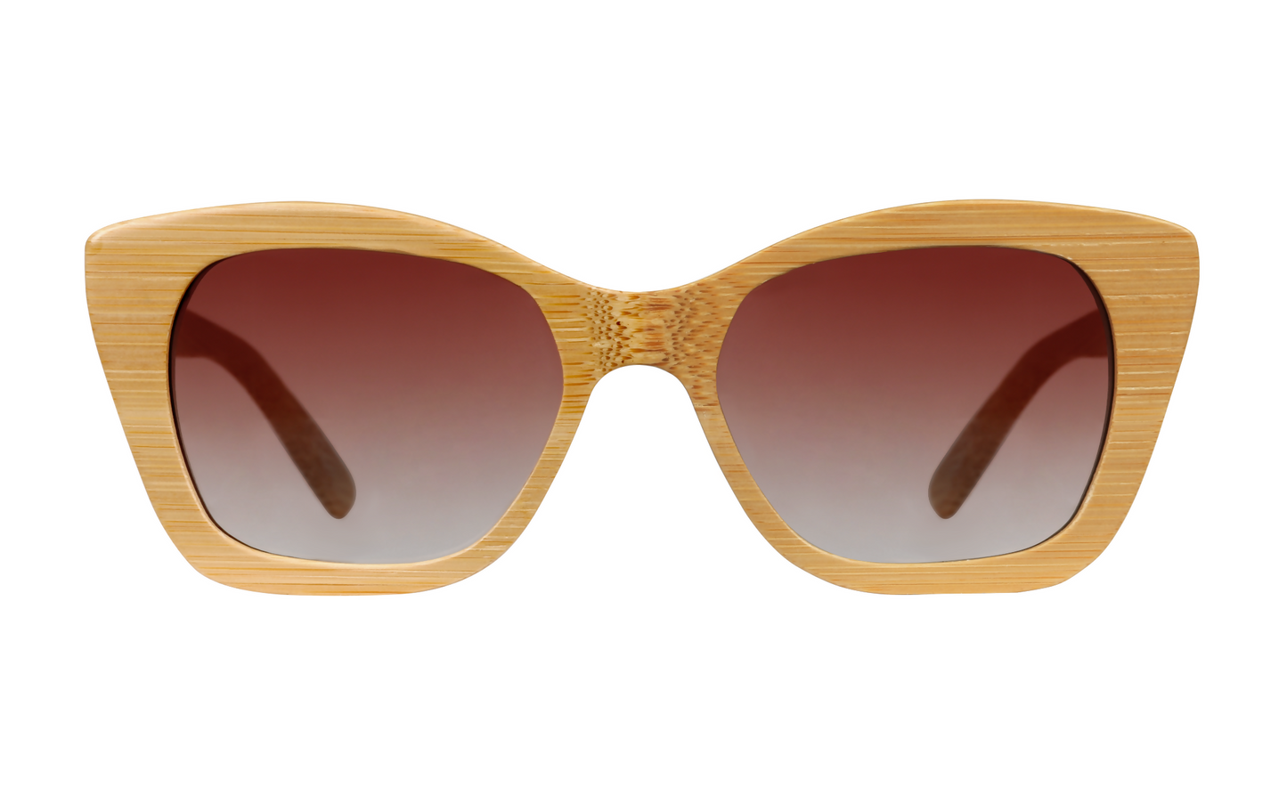 Front view of natural tan bamboo sunglasses with angular design and gradient amber tinted lenses.