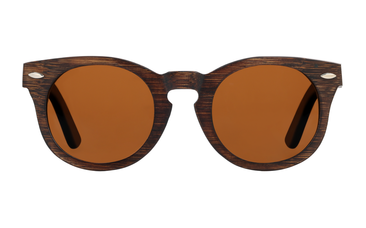 Front view of dark brown bamboo sunglasses with round amber lenses.