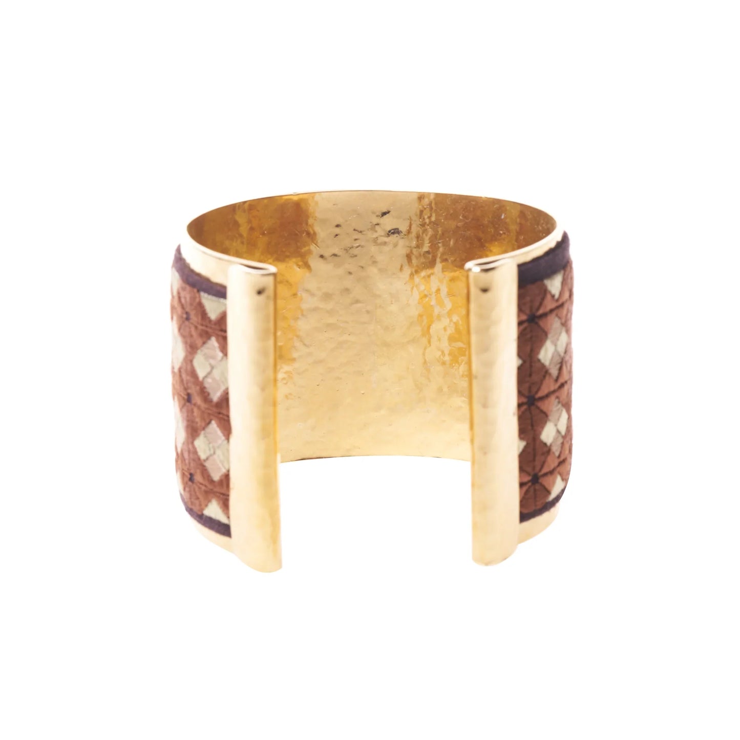 Back view of artisan gold plated cuff bracelet with reddish brown and tan embroidery design.