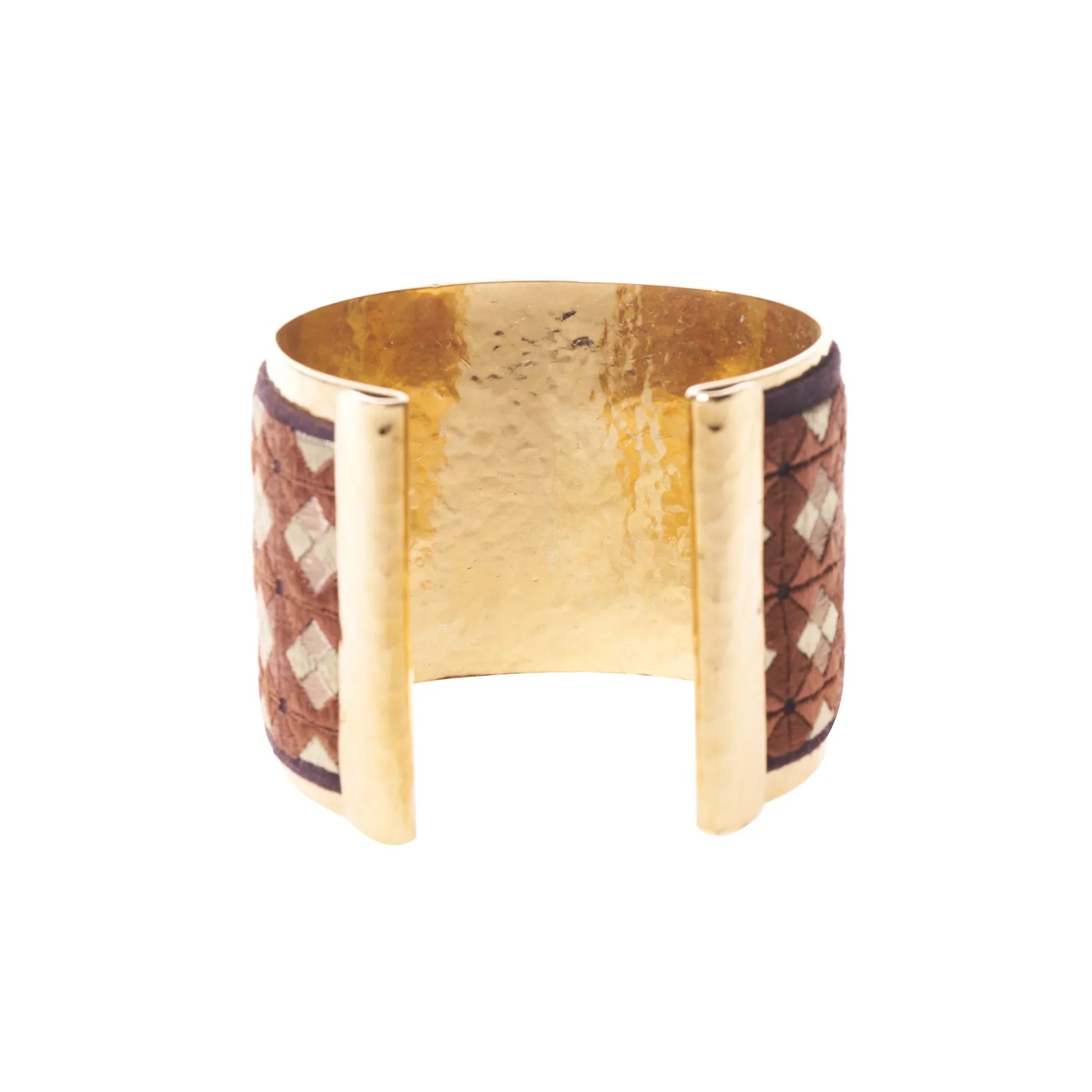 Back view of artisan gold plated cuff bracelet with reddish brown and tan embroidery design.