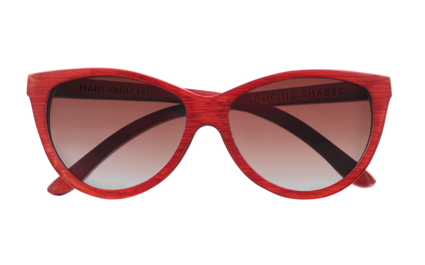 Front view of red bamboo sunglasses with amber lenses.