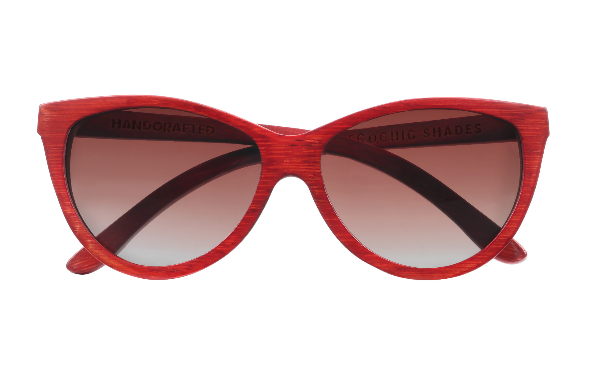 Front view of red bamboo sunglasses with amber lenses.
