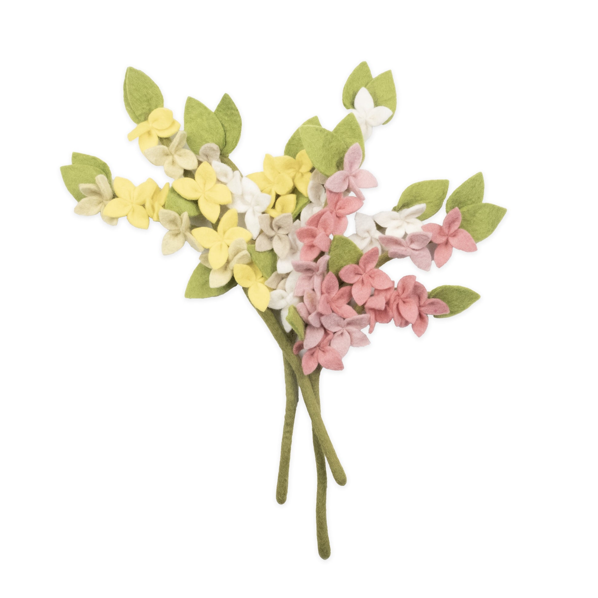 A bunch of yellow, pink, and white felt Forsythia flowers.